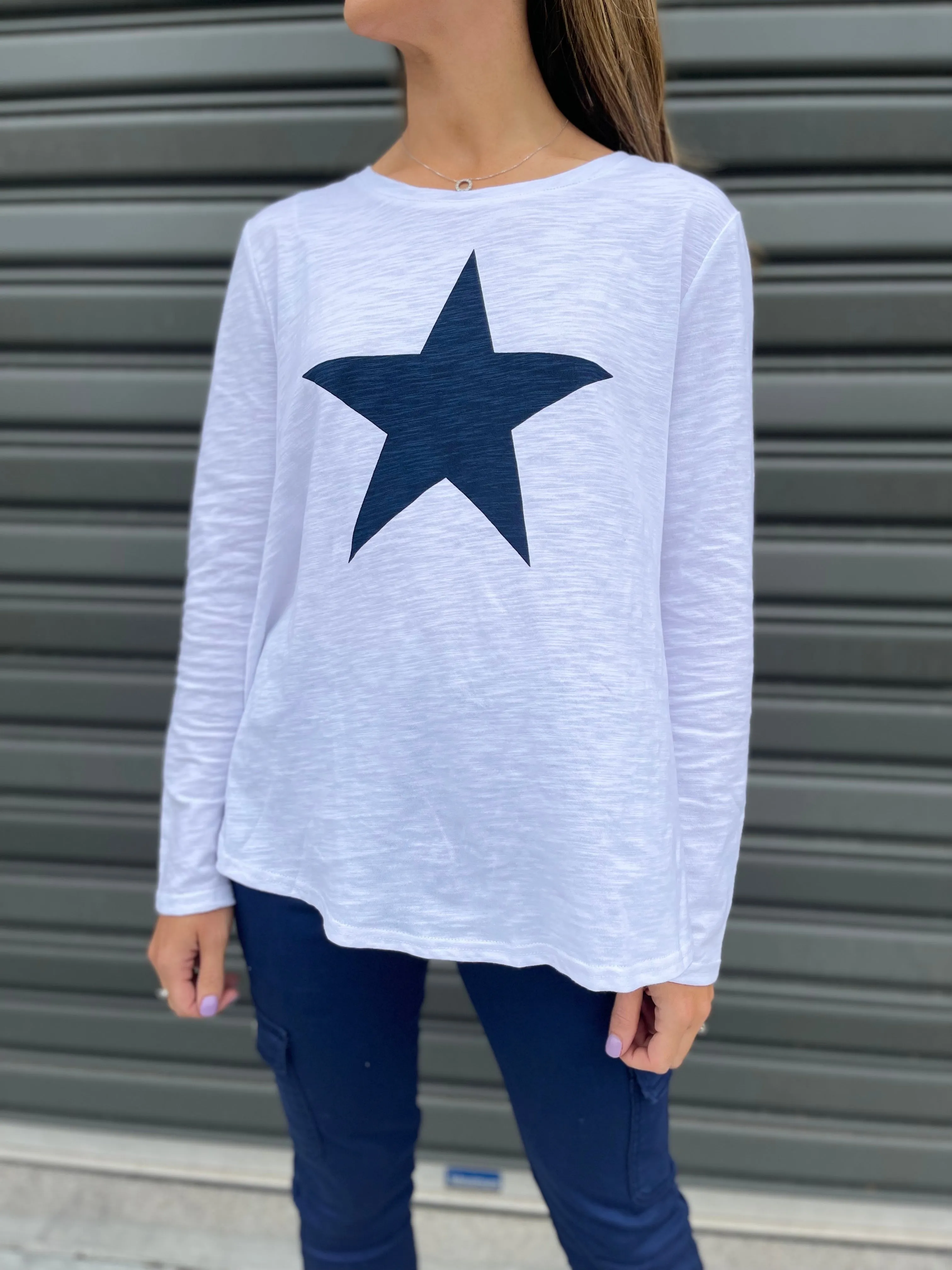 Adriana Long Sleeve Printed Tee - White/ Navy Star