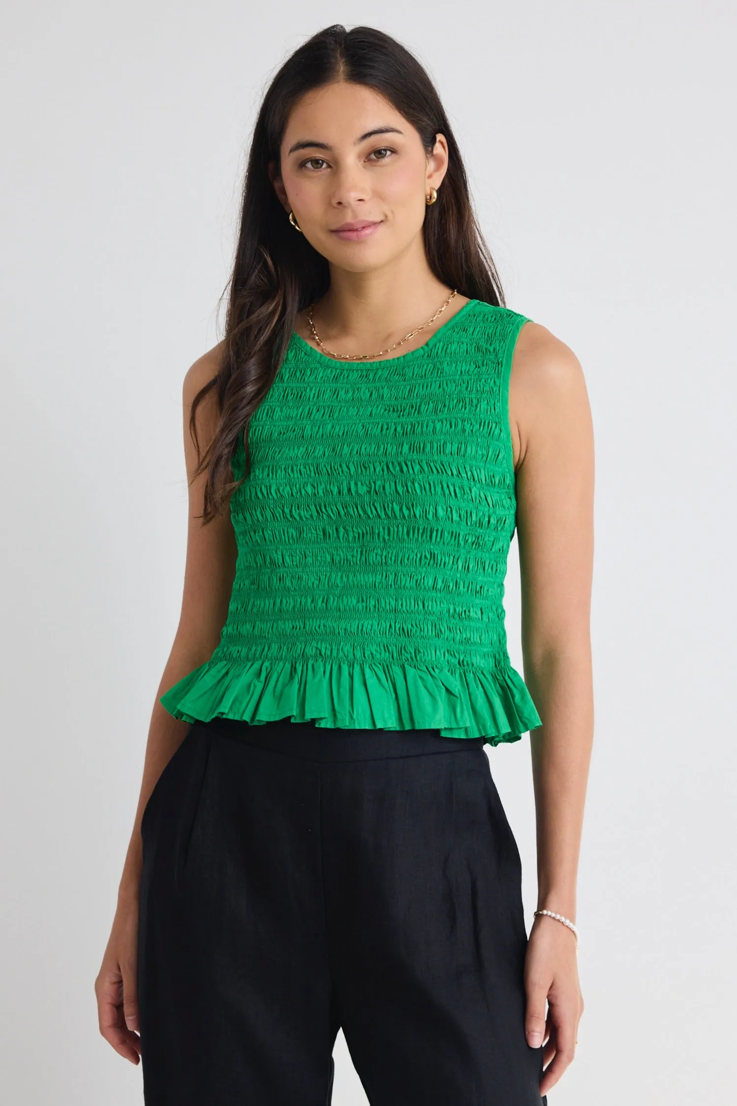 Assertive Meadow Green Shirred Poplin Sleeveless Shell Top