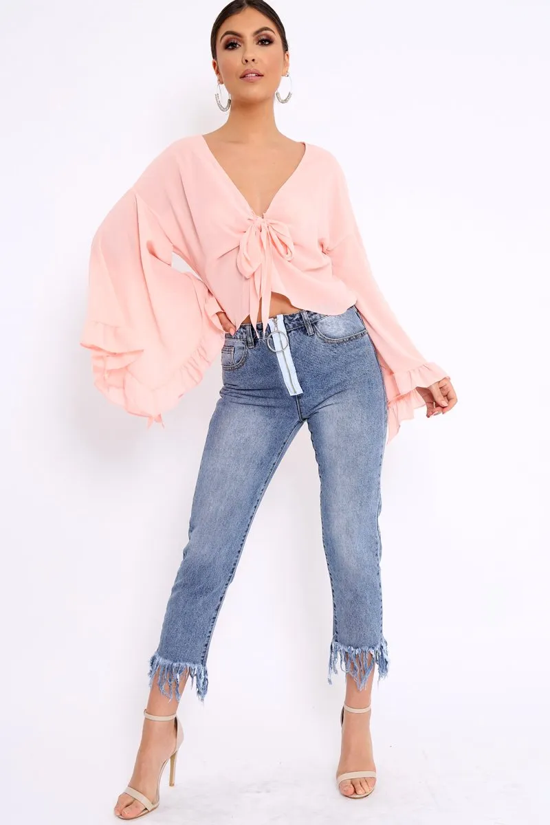 Baby Pink Extreme Bell Flared Sleeved Crop Top - Natia