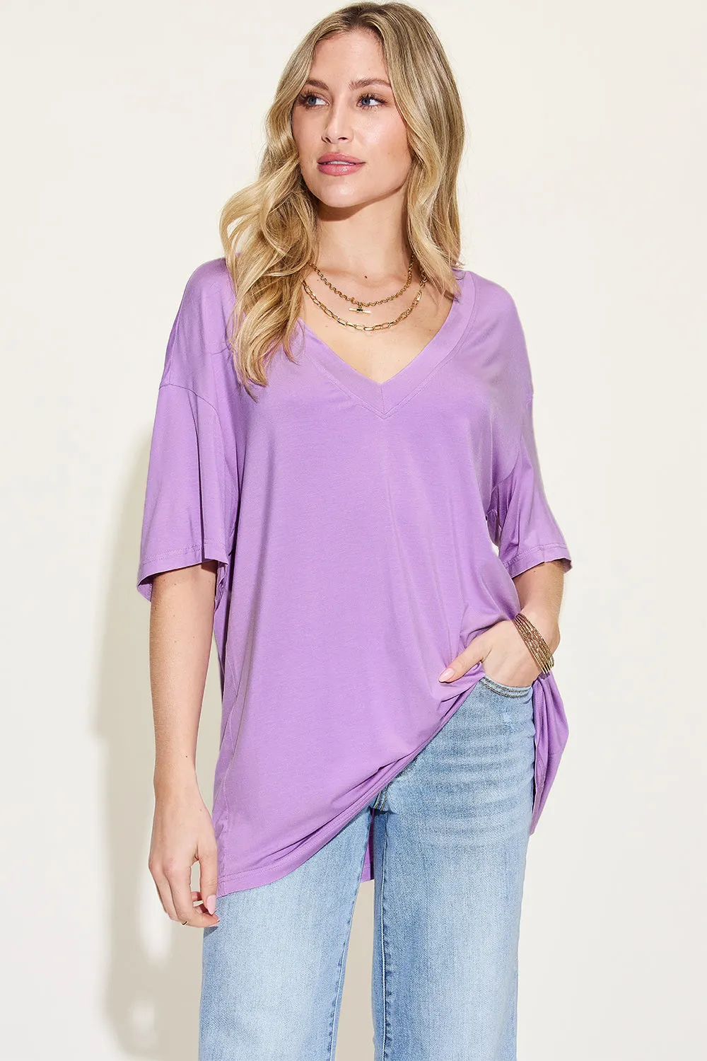 Basic Bae Full Size Bamboo V-Neck Drop Shoulder T-Shirt