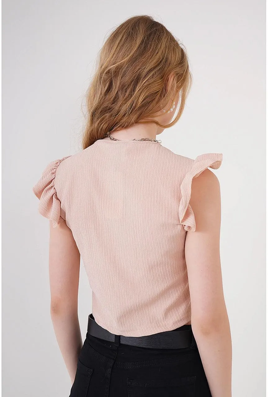 Biscuit Color Knitted Cropped Blouse Top | V-Neck Ruched Women's Crop Top