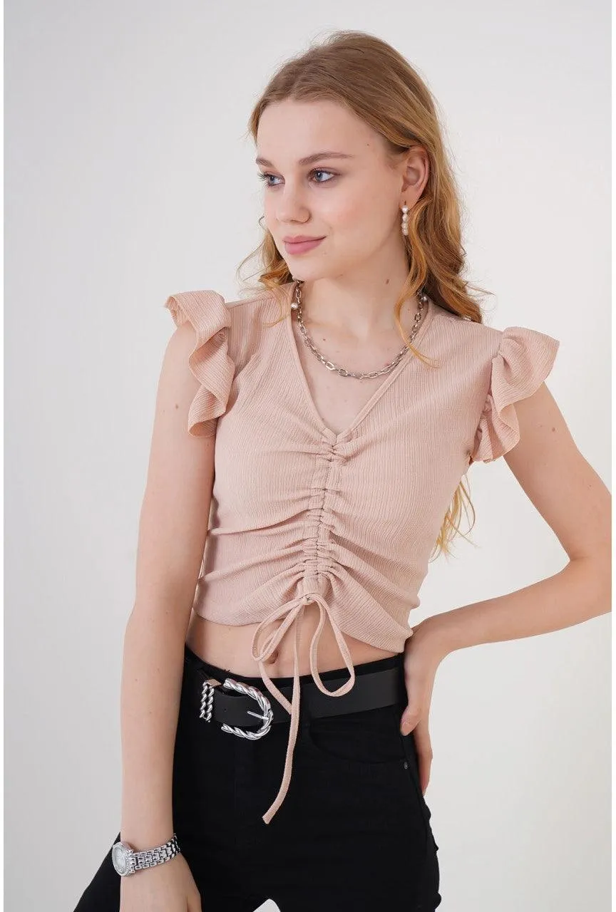 Biscuit Color Knitted Cropped Blouse Top | V-Neck Ruched Women's Crop Top