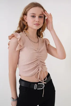 Biscuit Color Knitted Cropped Blouse Top | V-Neck Ruched Women's Crop Top