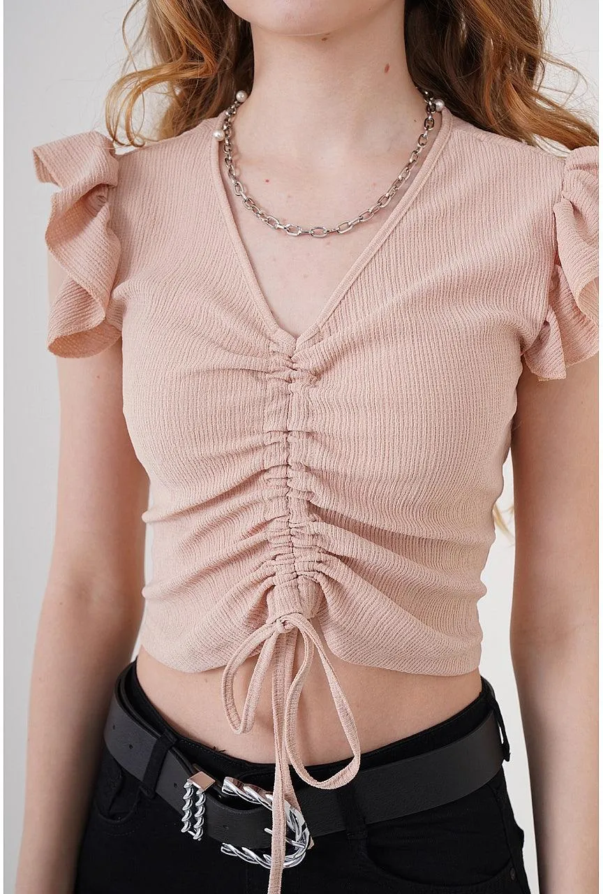 Biscuit Color Knitted Cropped Blouse Top | V-Neck Ruched Women's Crop Top