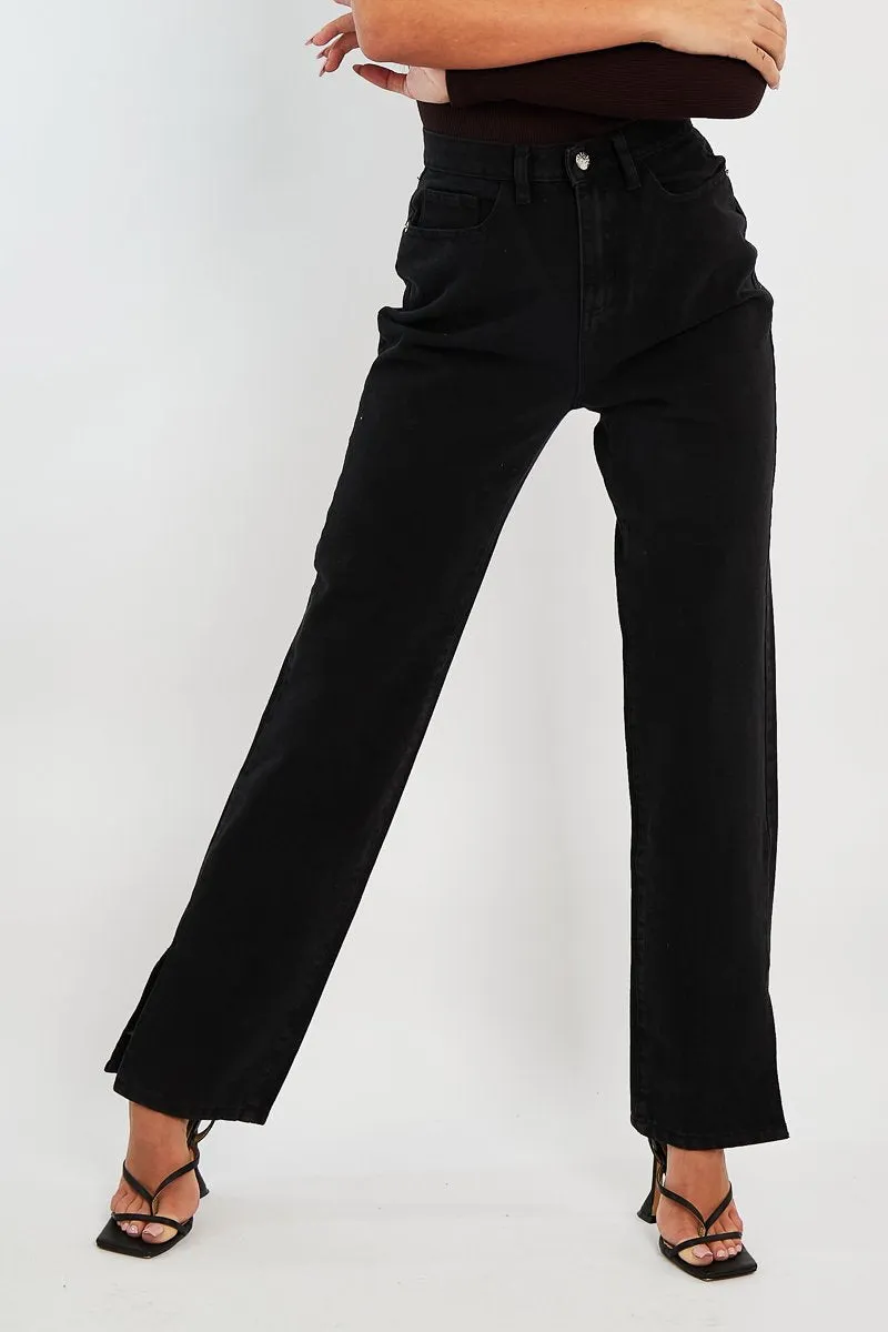 Black Denim Straight Leg Side Split Jeans - Tashi