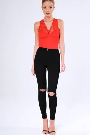 Black High Waisted Ripped Knee Skinny Jeans - Amara