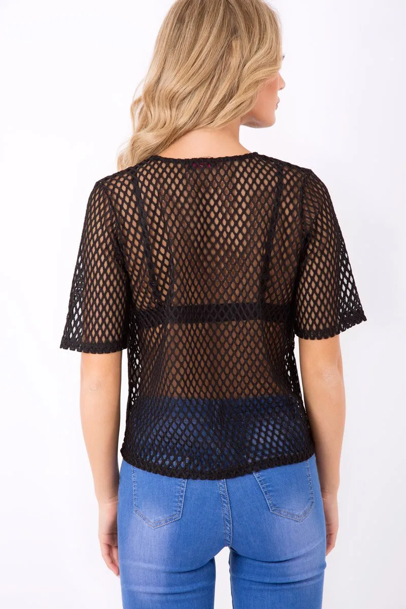 Black Netted Mesh Floral Embroidered T-Shirt - Harmony