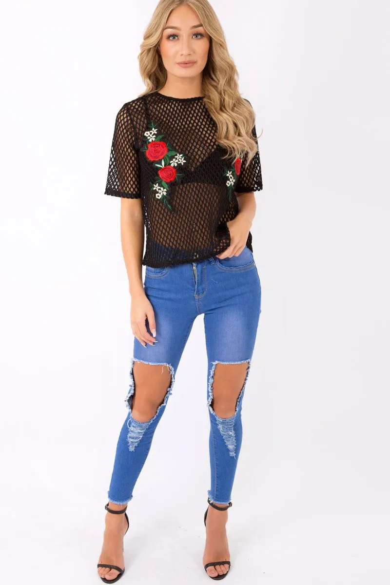 Black Netted Mesh Floral Embroidered T-Shirt - Harmony