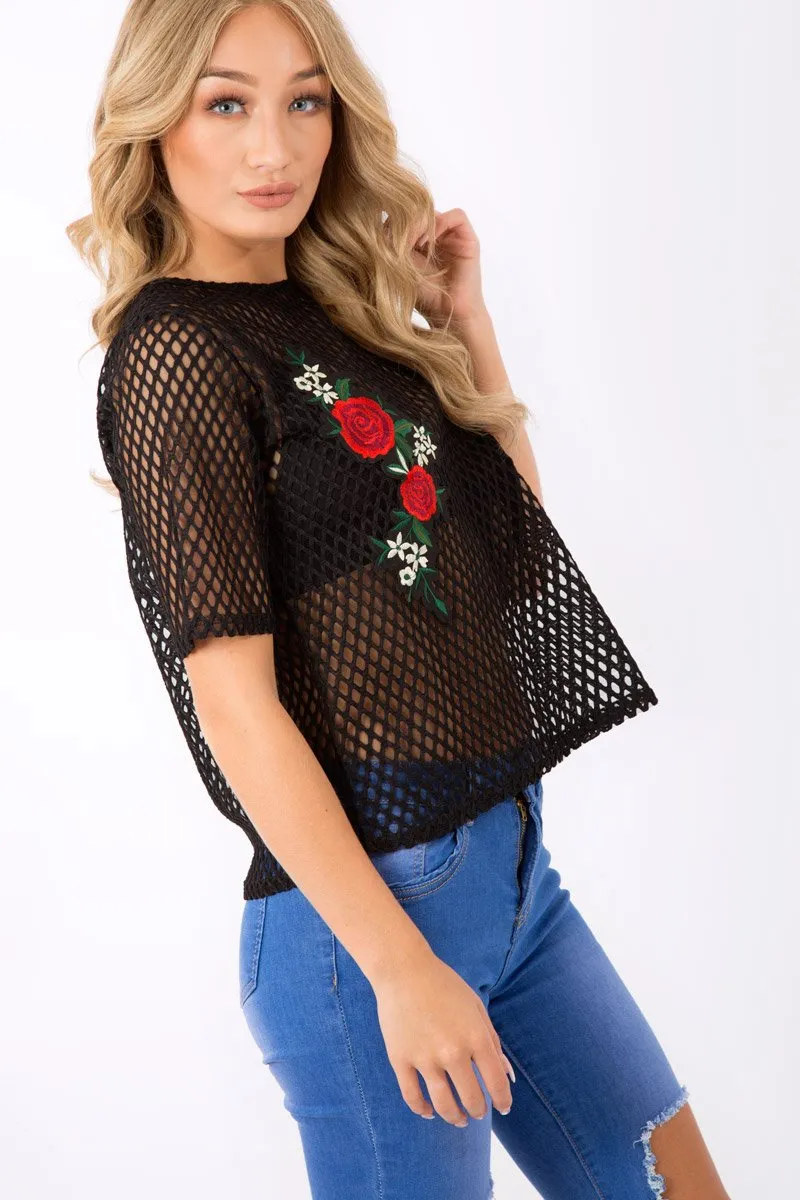 Black Netted Mesh Floral Embroidered T-Shirt - Harmony