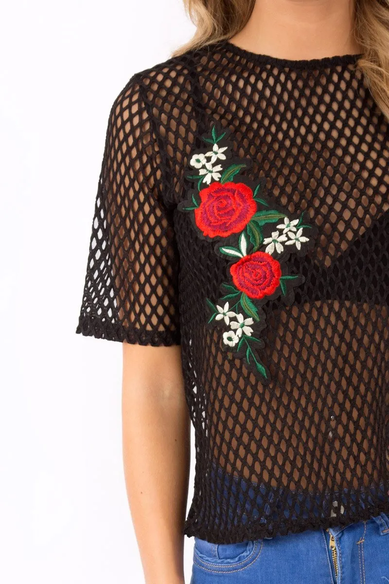 Black Netted Mesh Floral Embroidered T-Shirt - Harmony