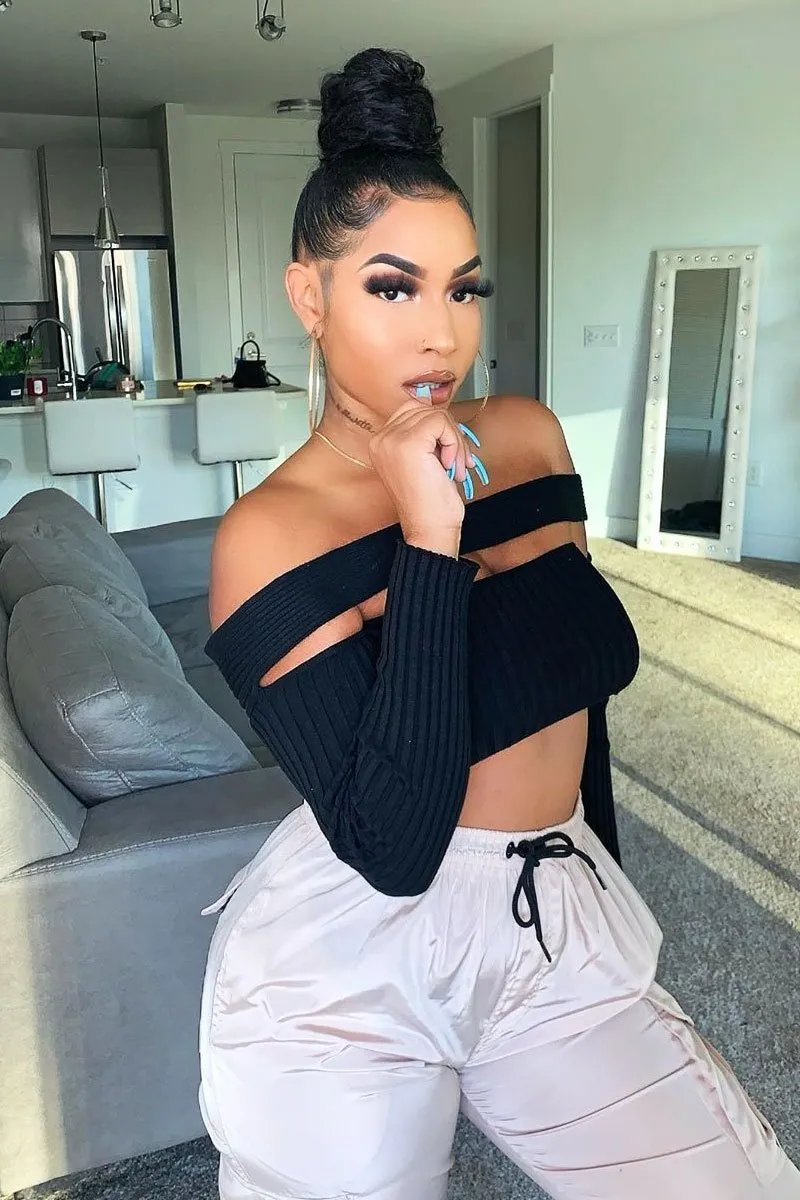 Black Ribbed Long Sleeve Extreme Cut Out Crop Top - Shaina