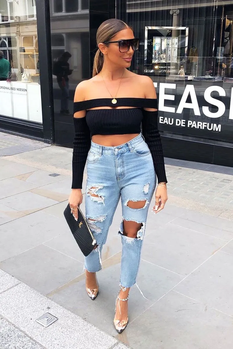 Black Ribbed Long Sleeve Extreme Cut Out Crop Top - Shaina