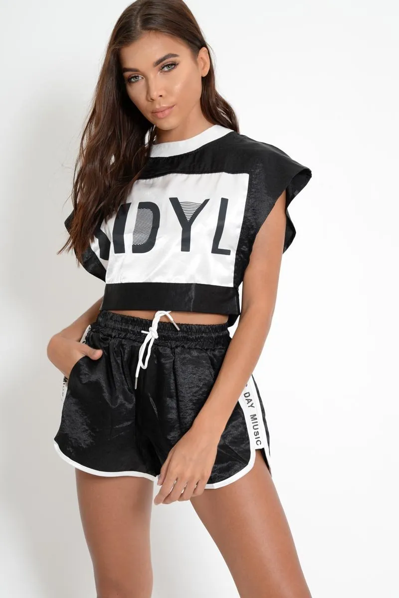 Black Stripe Shiny Crop Top And Shorts - Kahri