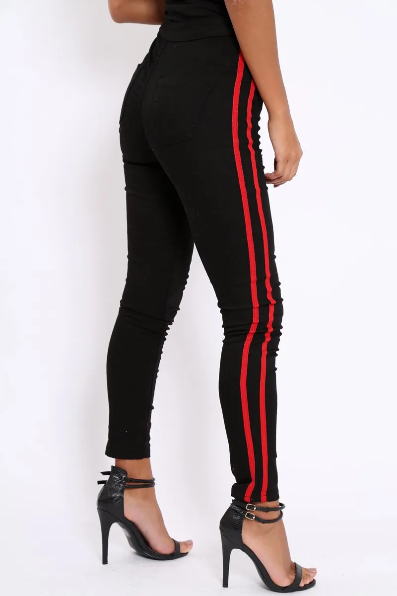 Black with Red Stripe Skinny Jeans - Hadleigh