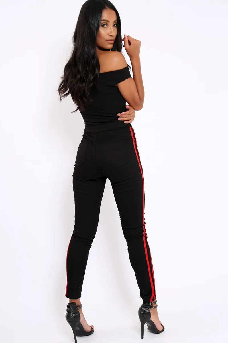 Black with Red Stripe Skinny Jeans - Hadleigh