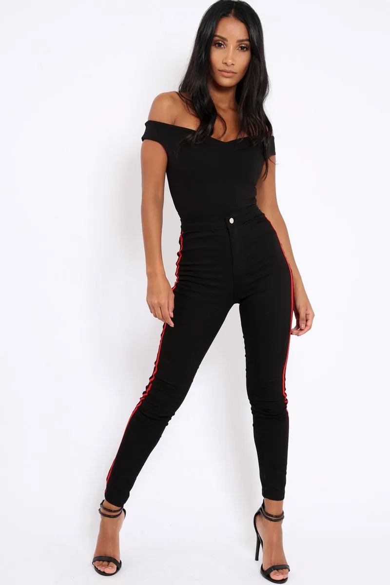 Black with Red Stripe Skinny Jeans - Hadleigh