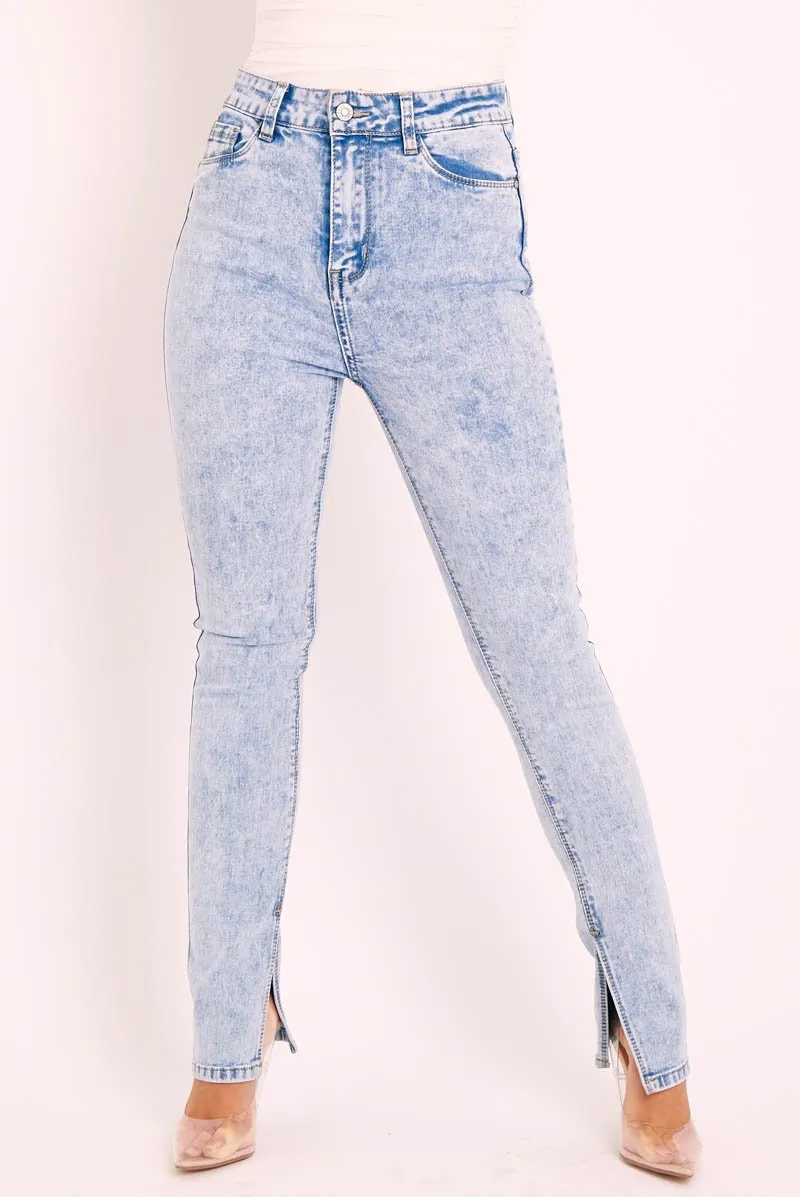 Blue Acid Wash Split Hem Skinny Jeans - Wendi