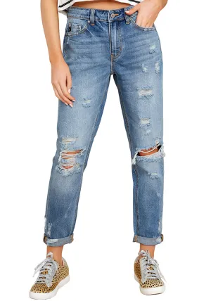 Blue Cuffed Hem Ripped Boyfriend Jeans