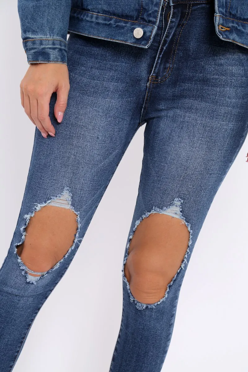 Blue Distressed Extreme Rip Jeans - Geanna