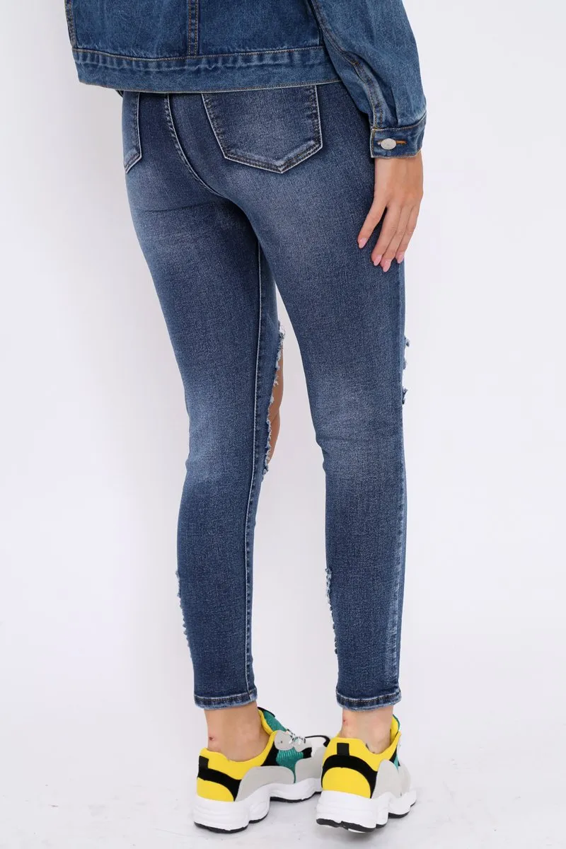 Blue Distressed Extreme Rip Jeans - Geanna