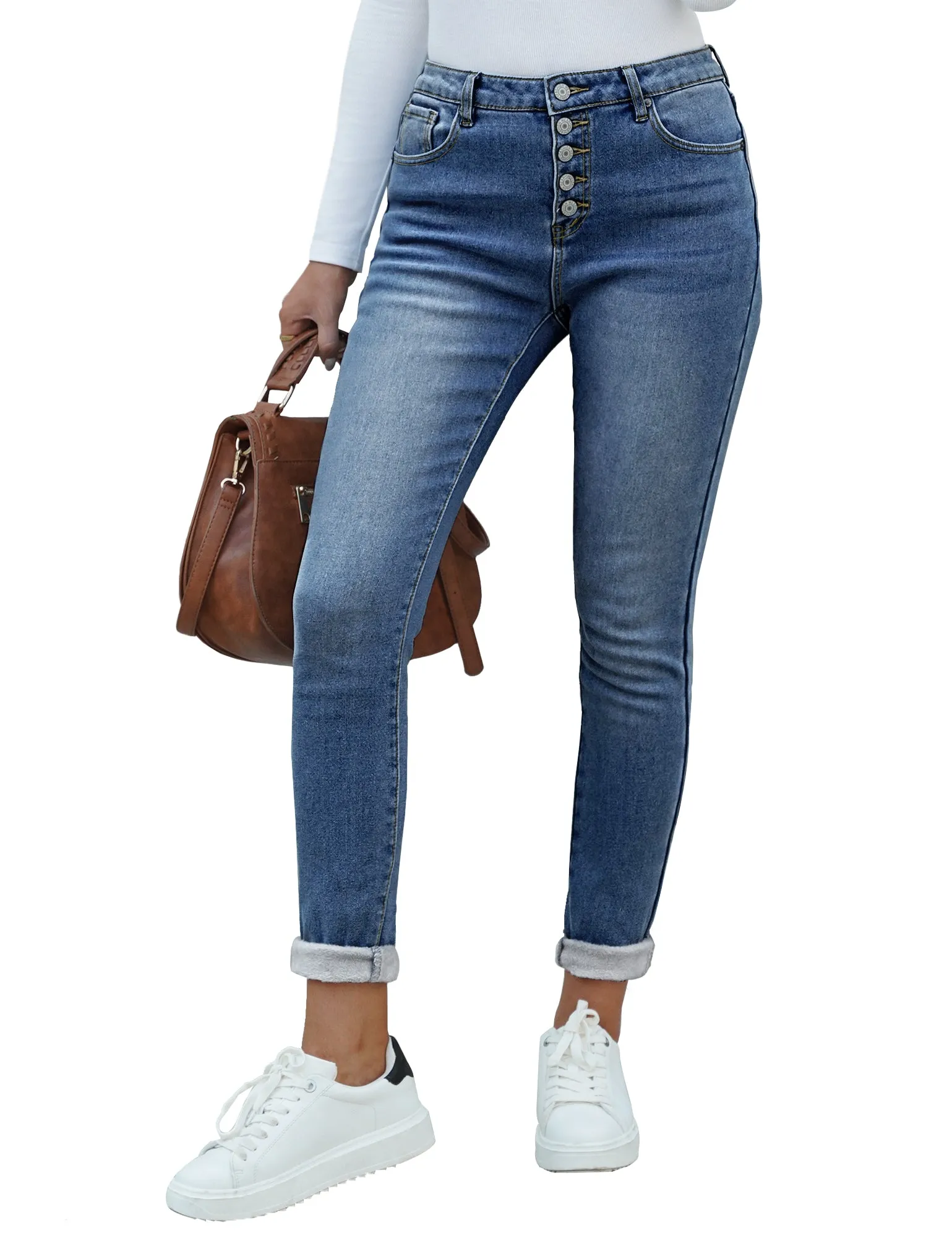 Blue Fleece-Lined Button-Down Denim Skinny Jeans