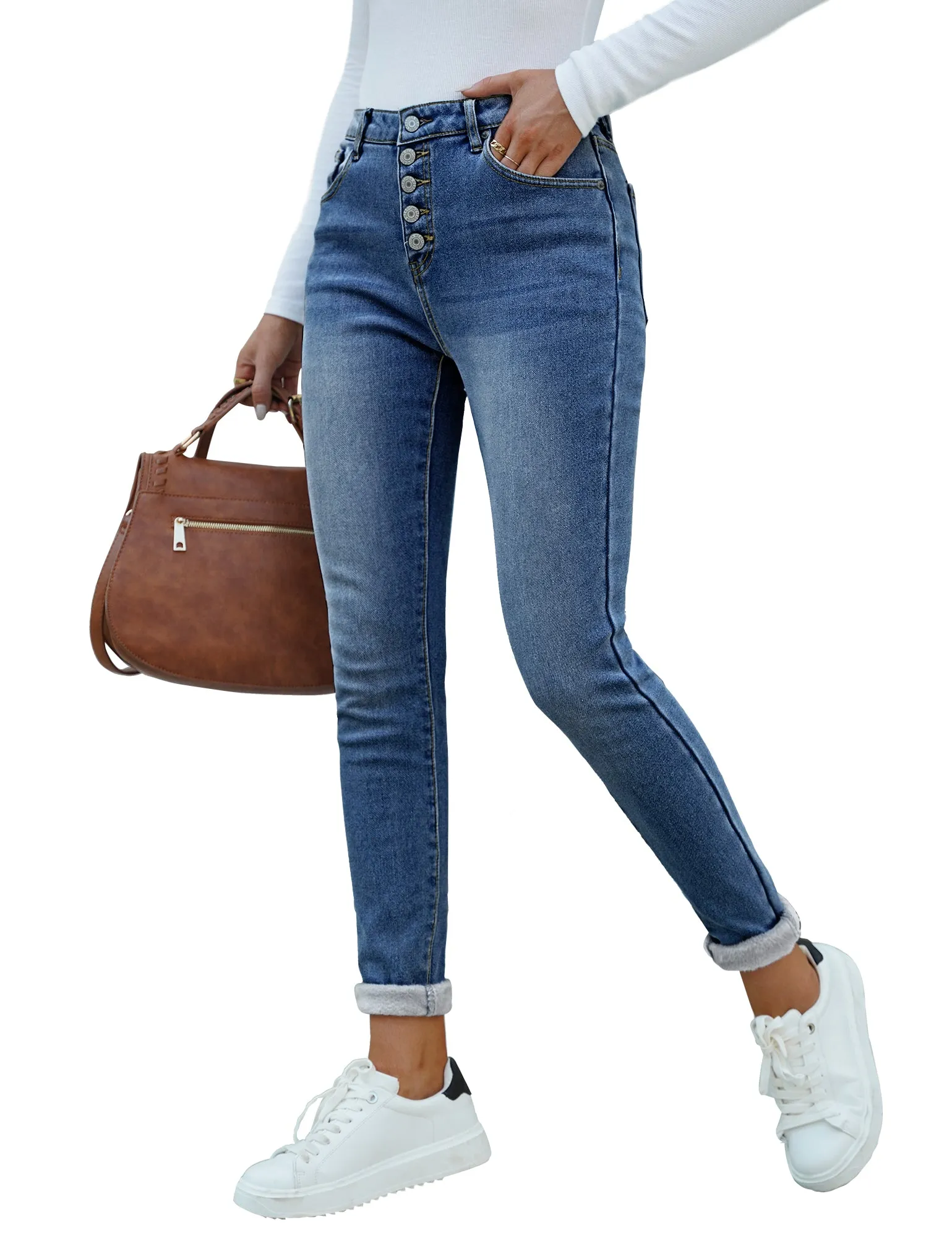 Blue Fleece-Lined Button-Down Denim Skinny Jeans