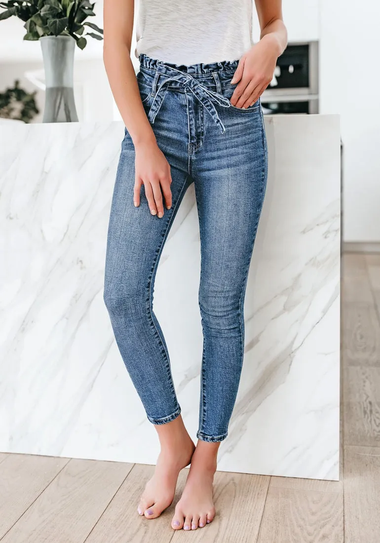 Blue High-Waist Acid Wash Belted Denim Skinny Jeans