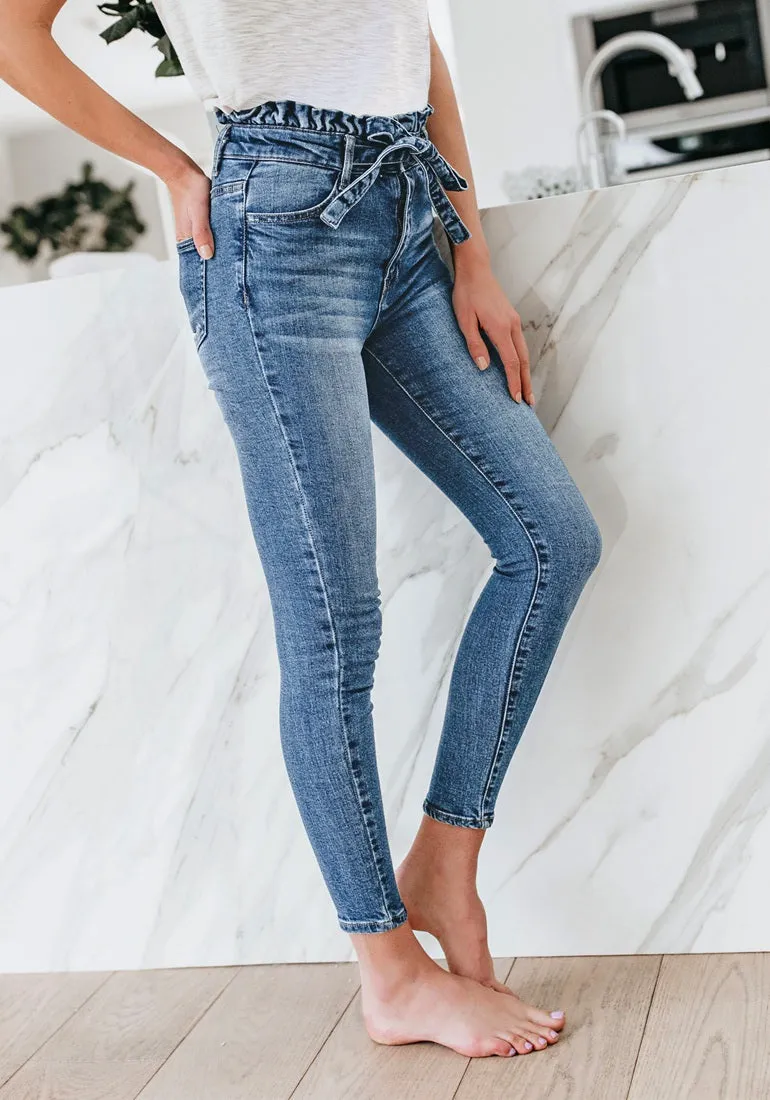 Blue High-Waist Acid Wash Belted Denim Skinny Jeans