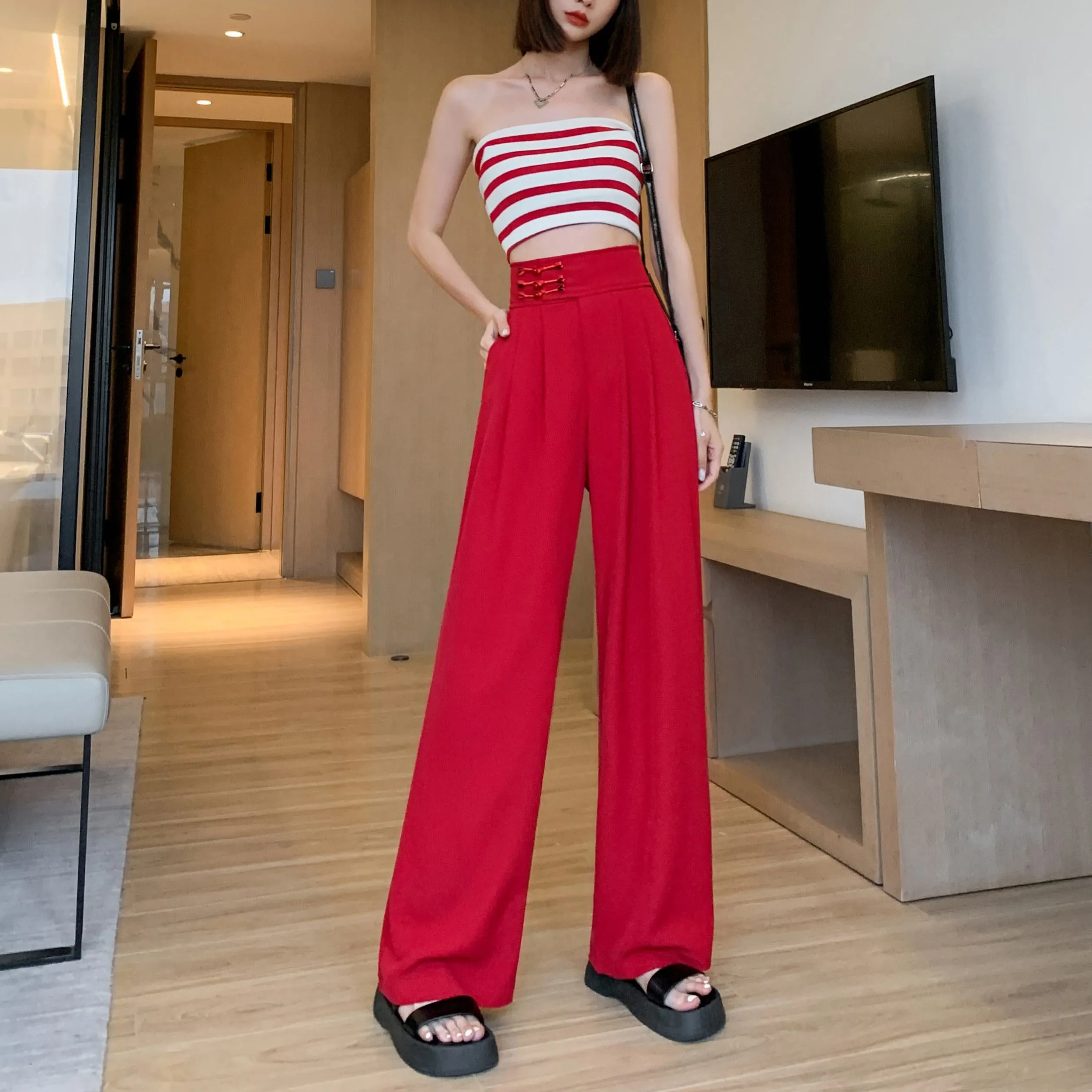 Casual Silky High-Waisted Straight-Leg Slimming Pants