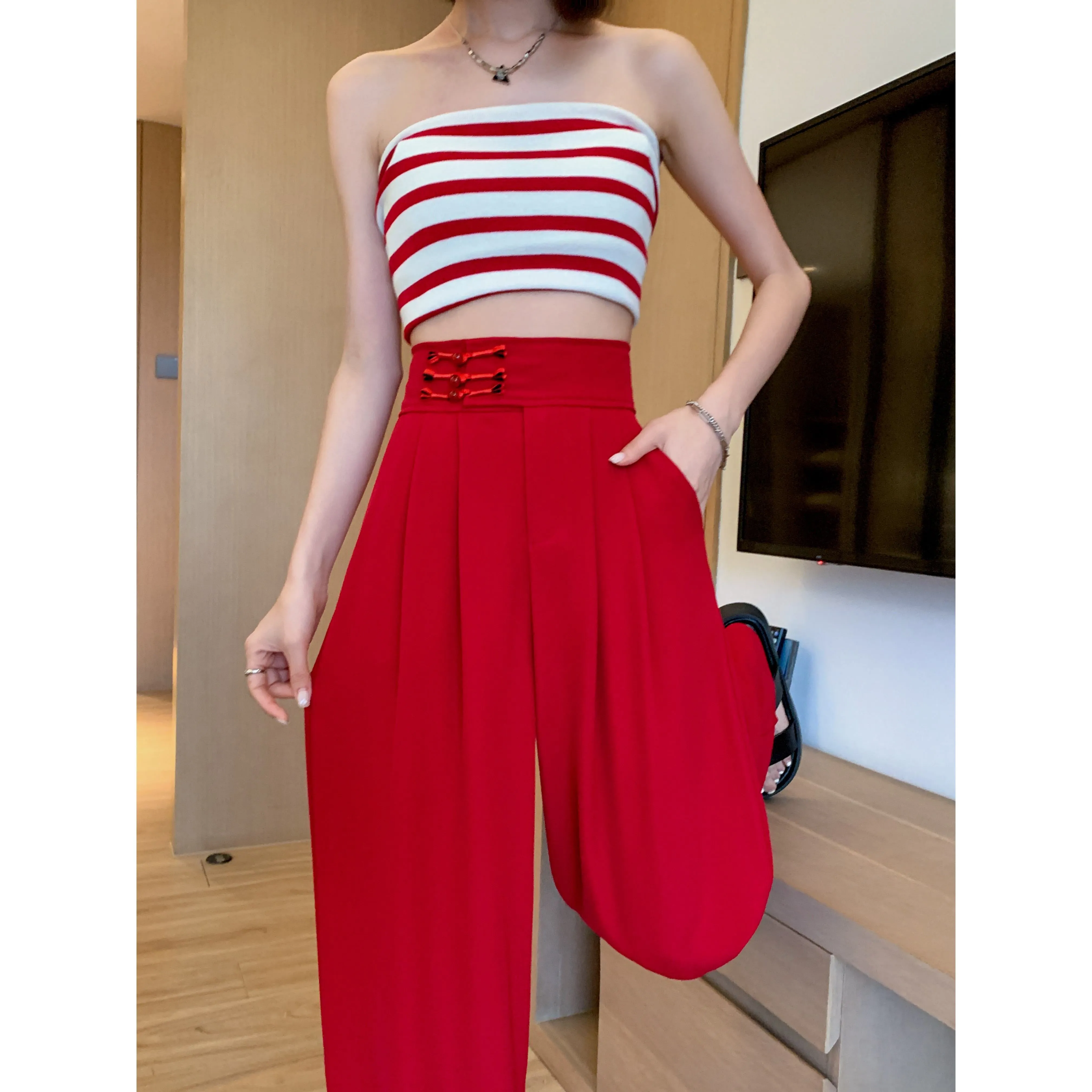 Casual Silky High-Waisted Straight-Leg Slimming Pants