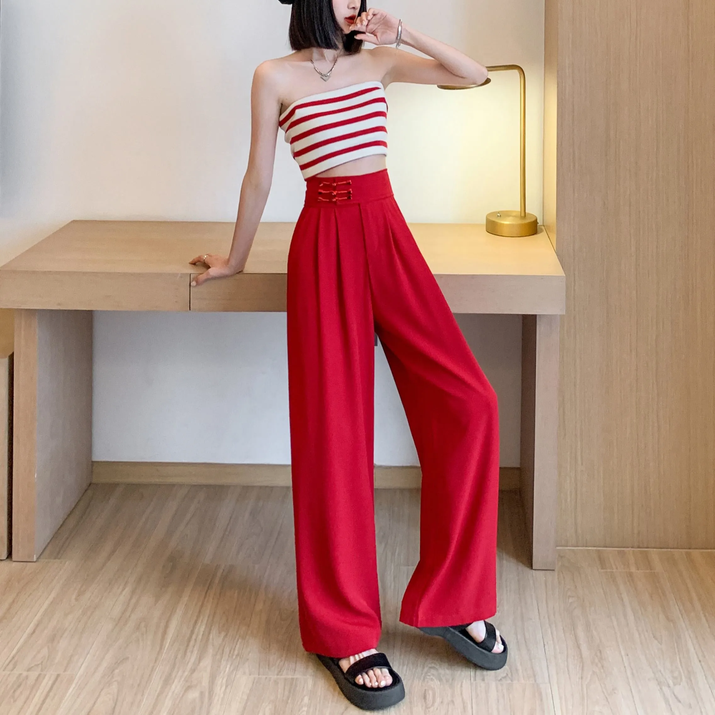 Casual Silky High-Waisted Straight-Leg Slimming Pants