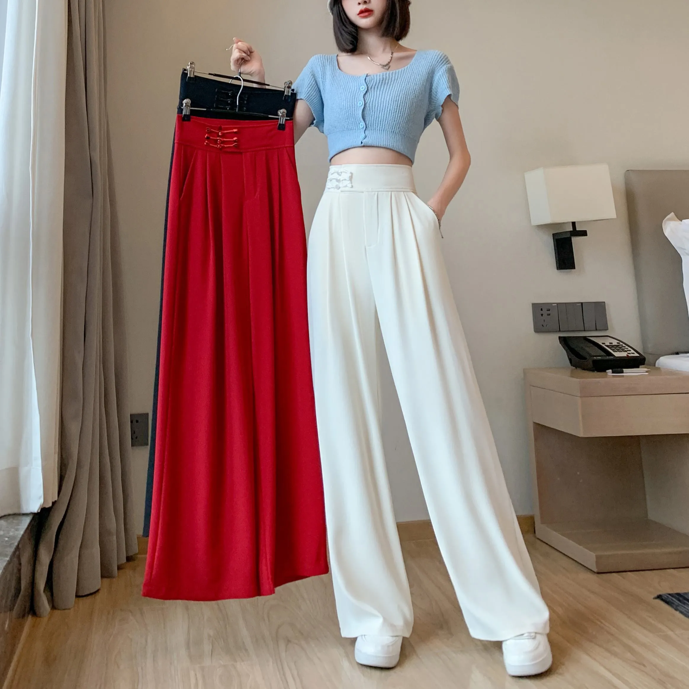 Casual Silky High-Waisted Straight-Leg Slimming Pants