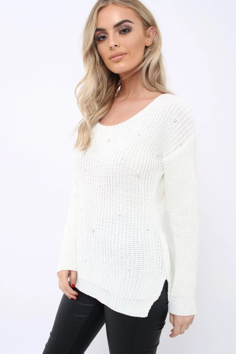 Cream Chunky Knit Pearl Jumper - Terri