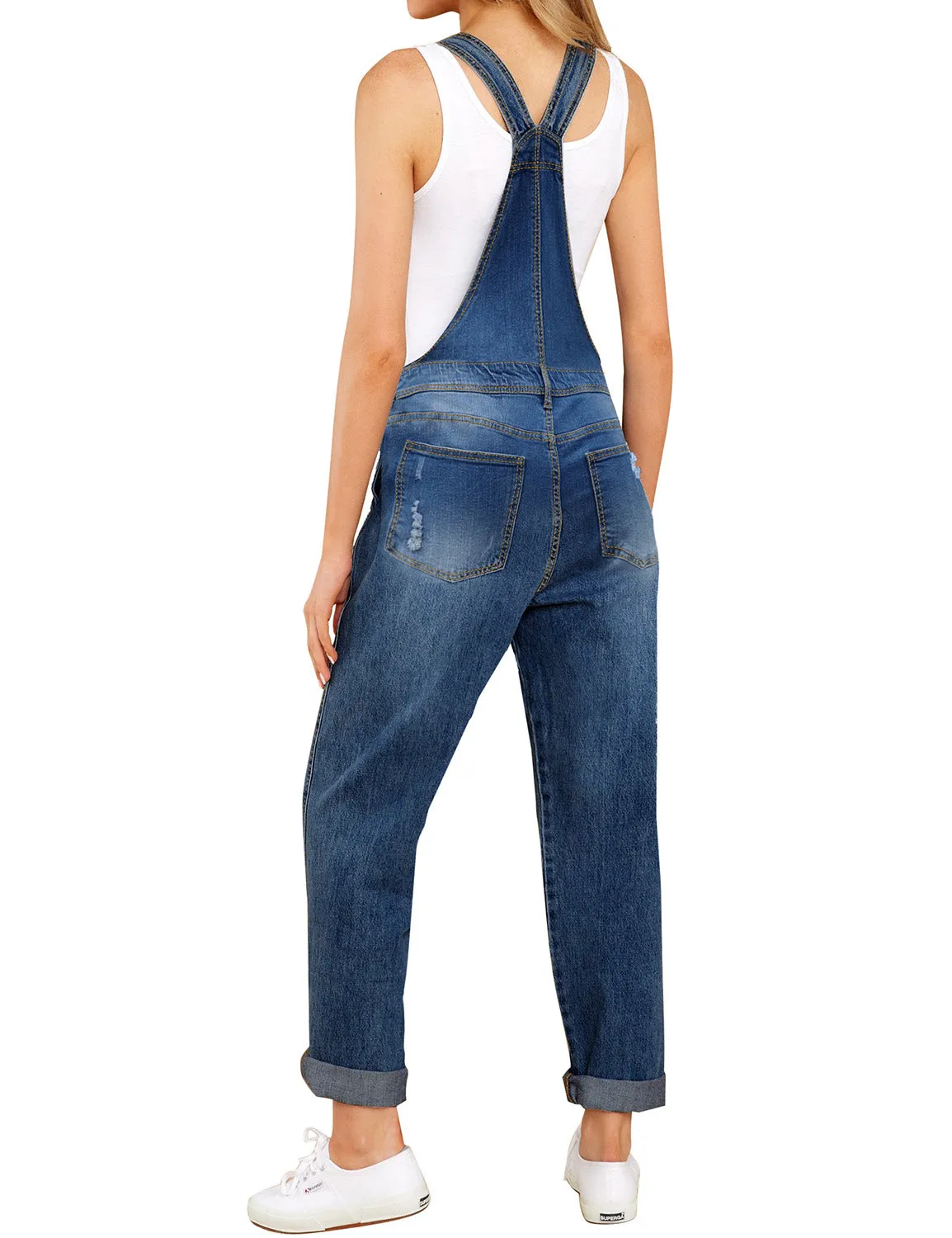 Dark Blue Cuffed Hem Ripped Bib Denim Overall Jumpsuit