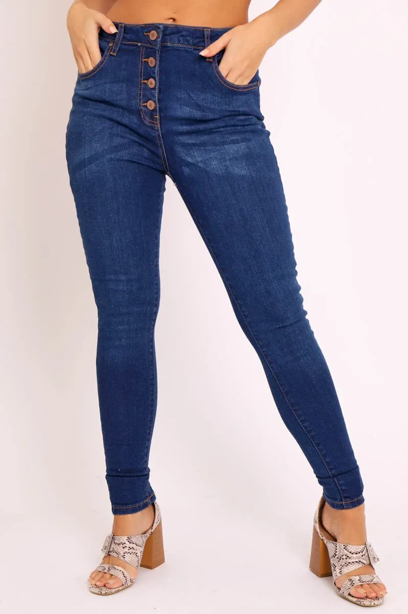 Dark Blue Denim Button Up Skinny Jeans - Ryla