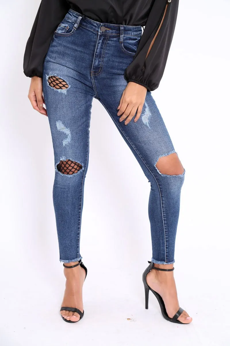 Dark Blue Fishnet Jeans - Malorie