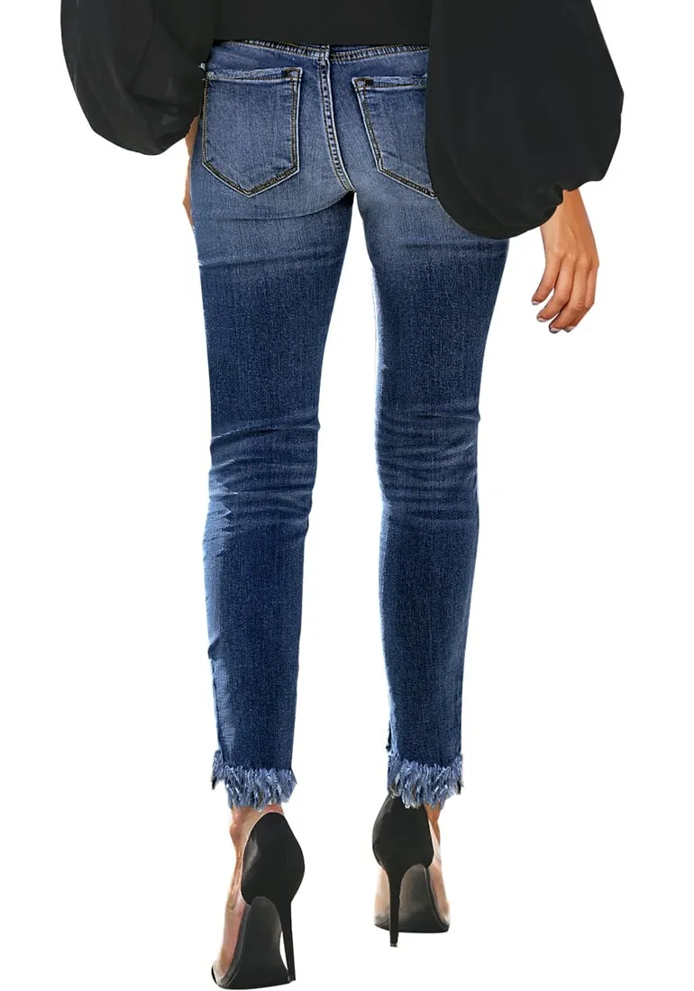 Dark Blue Mid-Waist Raw Hem Ripped Cropped Denim Jeans