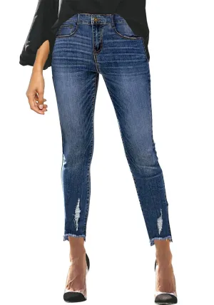 Dark Blue Mid-Waist Raw Hem Ripped Cropped Denim Jeans