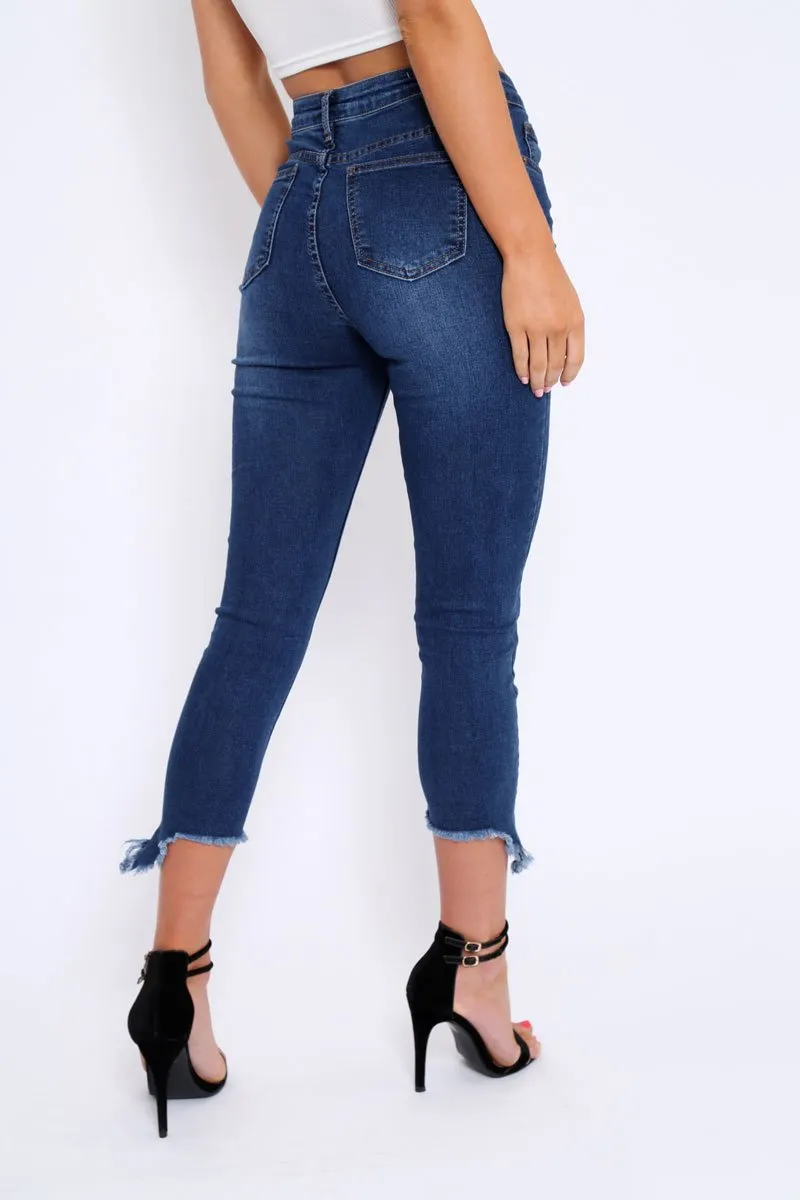 Dark Blue Split Hem Skinny Jeans - Ellsie