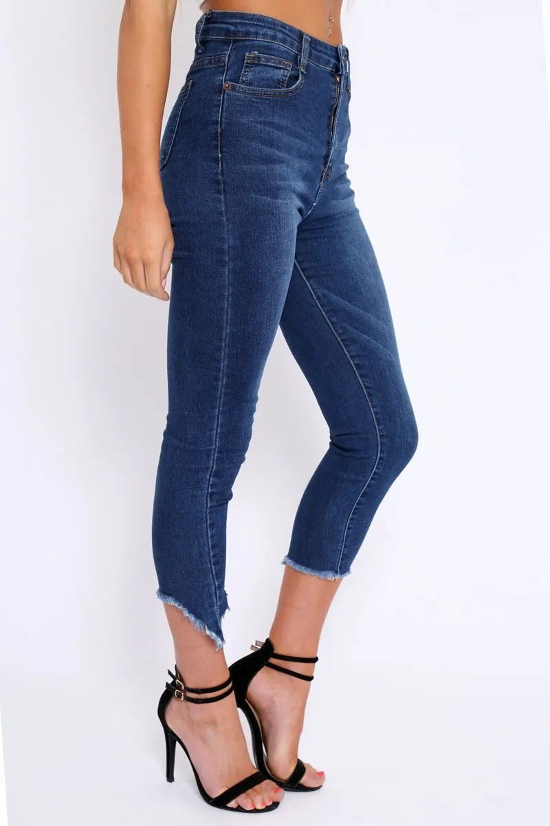 Dark Blue Split Hem Skinny Jeans - Ellsie