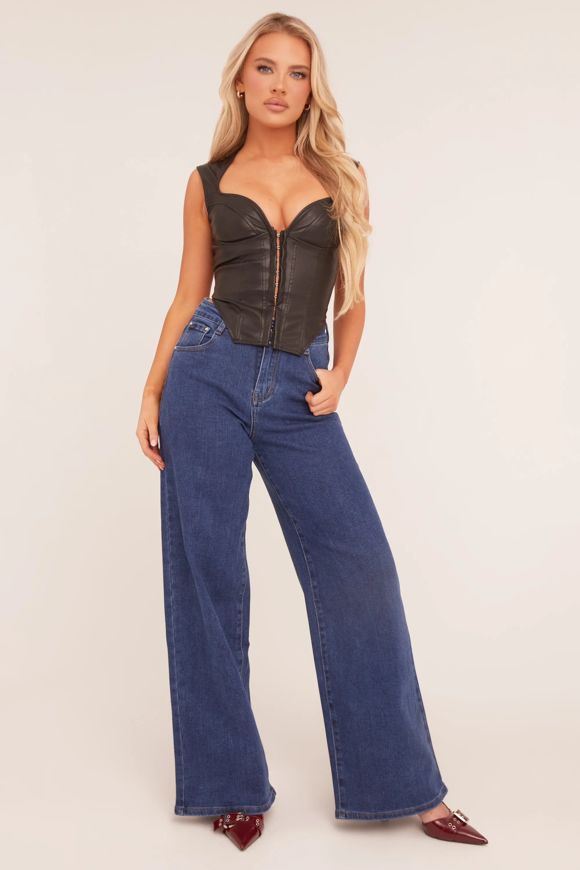 Dark Blue Stretch Wide Leg Jeans - Paige