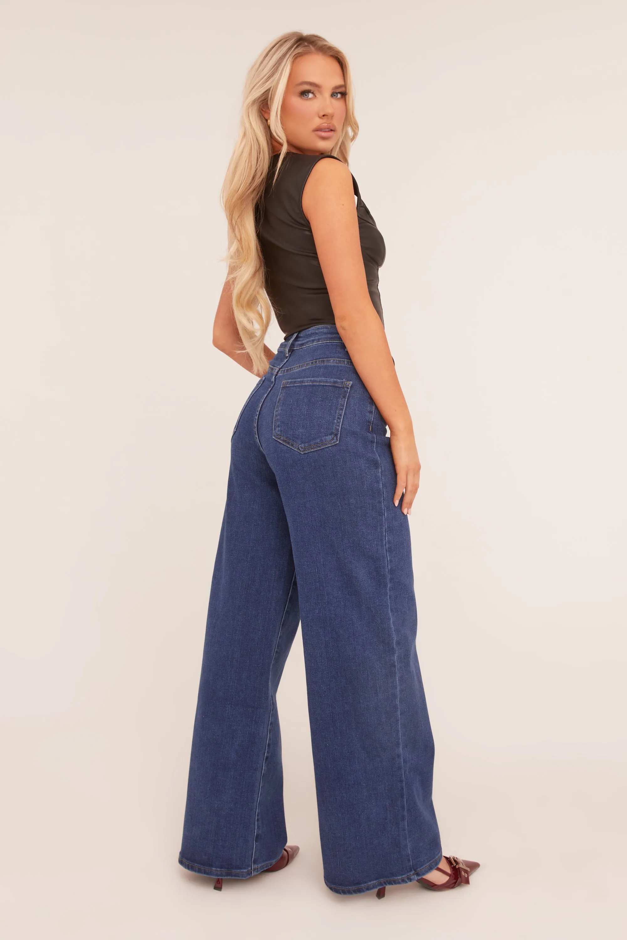 Dark Blue Stretch Wide Leg Jeans - Paige