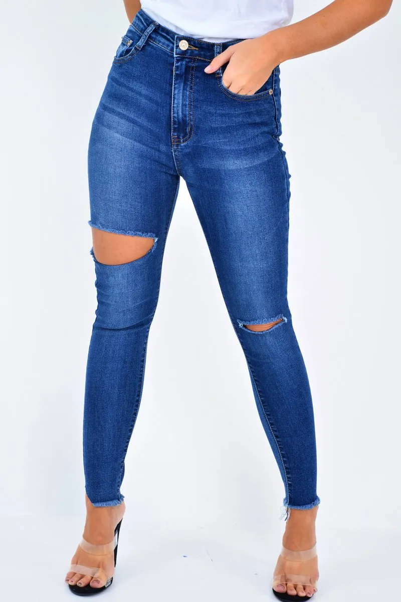 Dark Denim Slash Distressed Skinny Jeans - Jocie