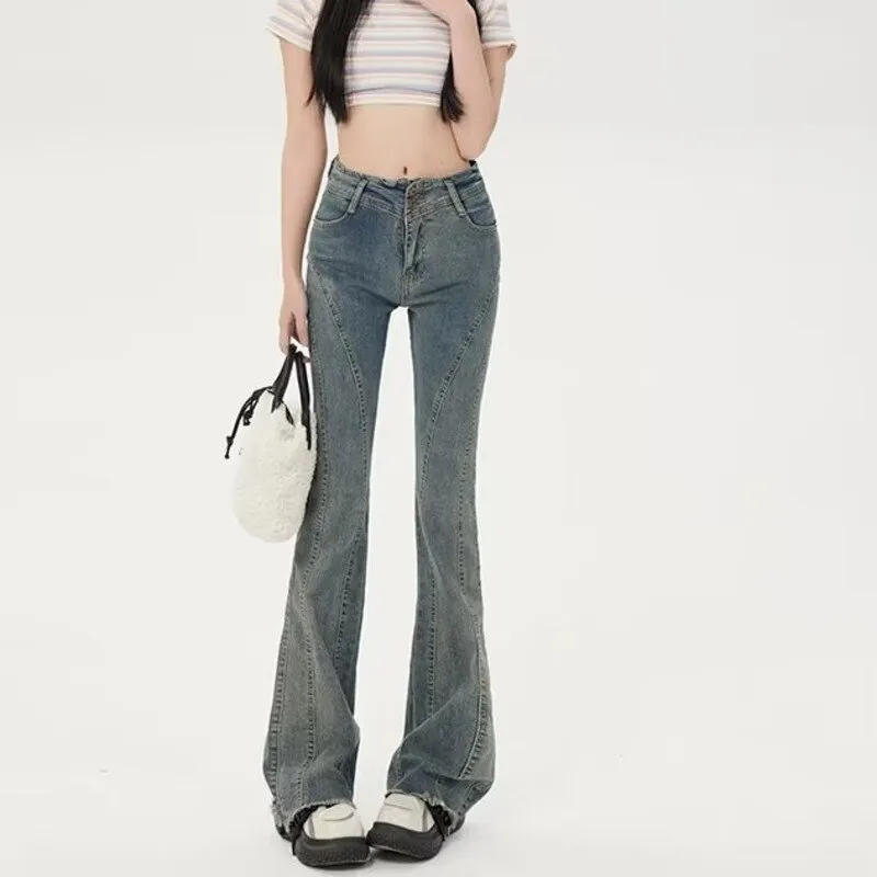 deanwangkt Small American Retro Micro Flared Jeans For Women With A Sense Of Design, Niche High Waisted And Slim, Versatile Floor Mop Pants