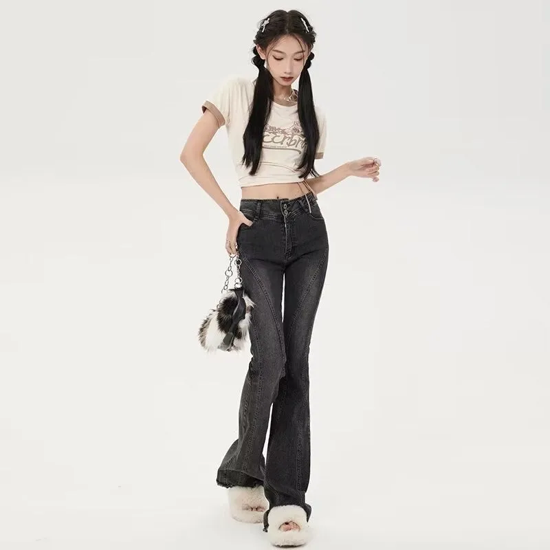 deanwangkt Small American Retro Micro Flared Jeans For Women With A Sense Of Design, Niche High Waisted And Slim, Versatile Floor Mop Pants