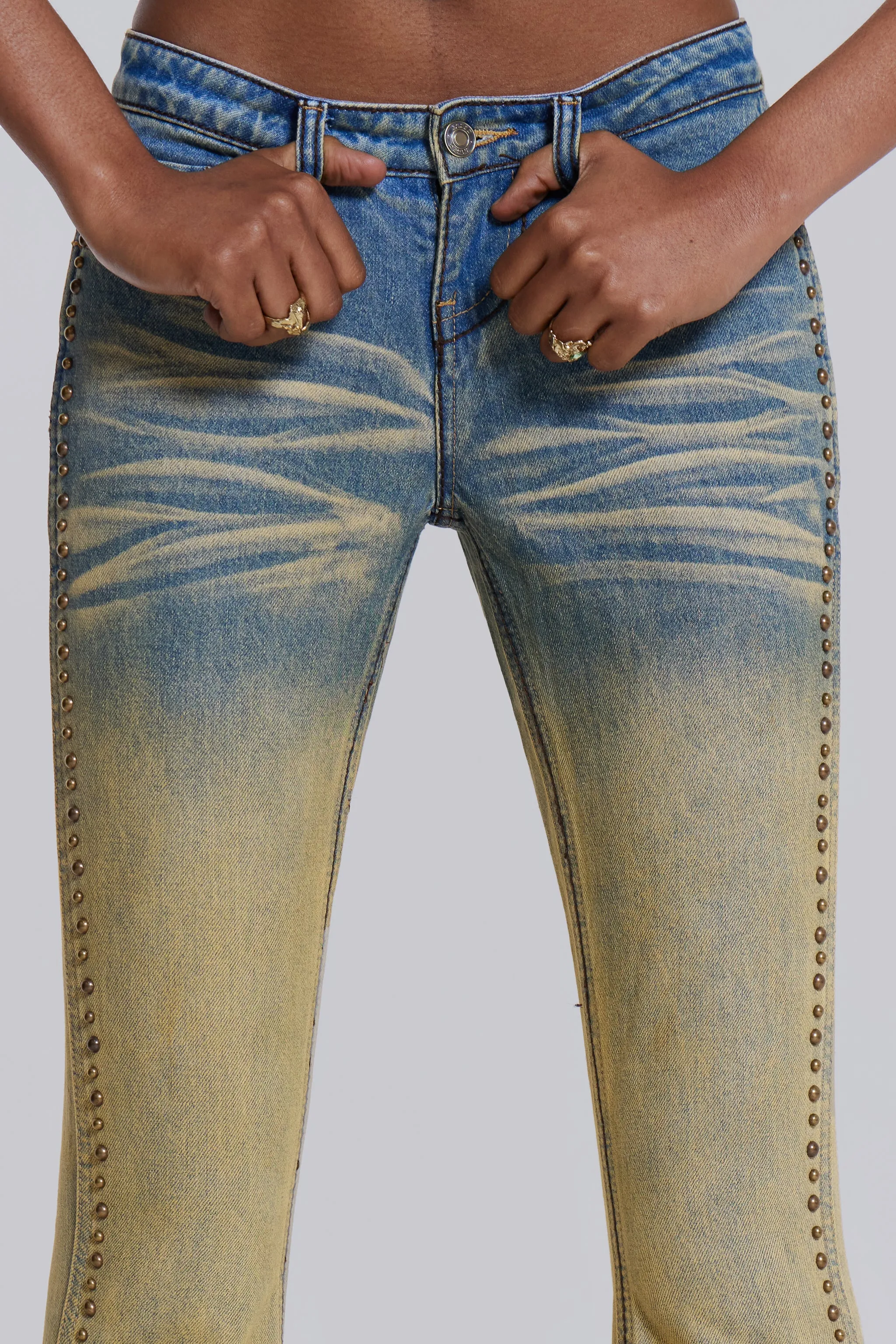 Stylish Demure Studded Flared Jeans with Enhanced Design