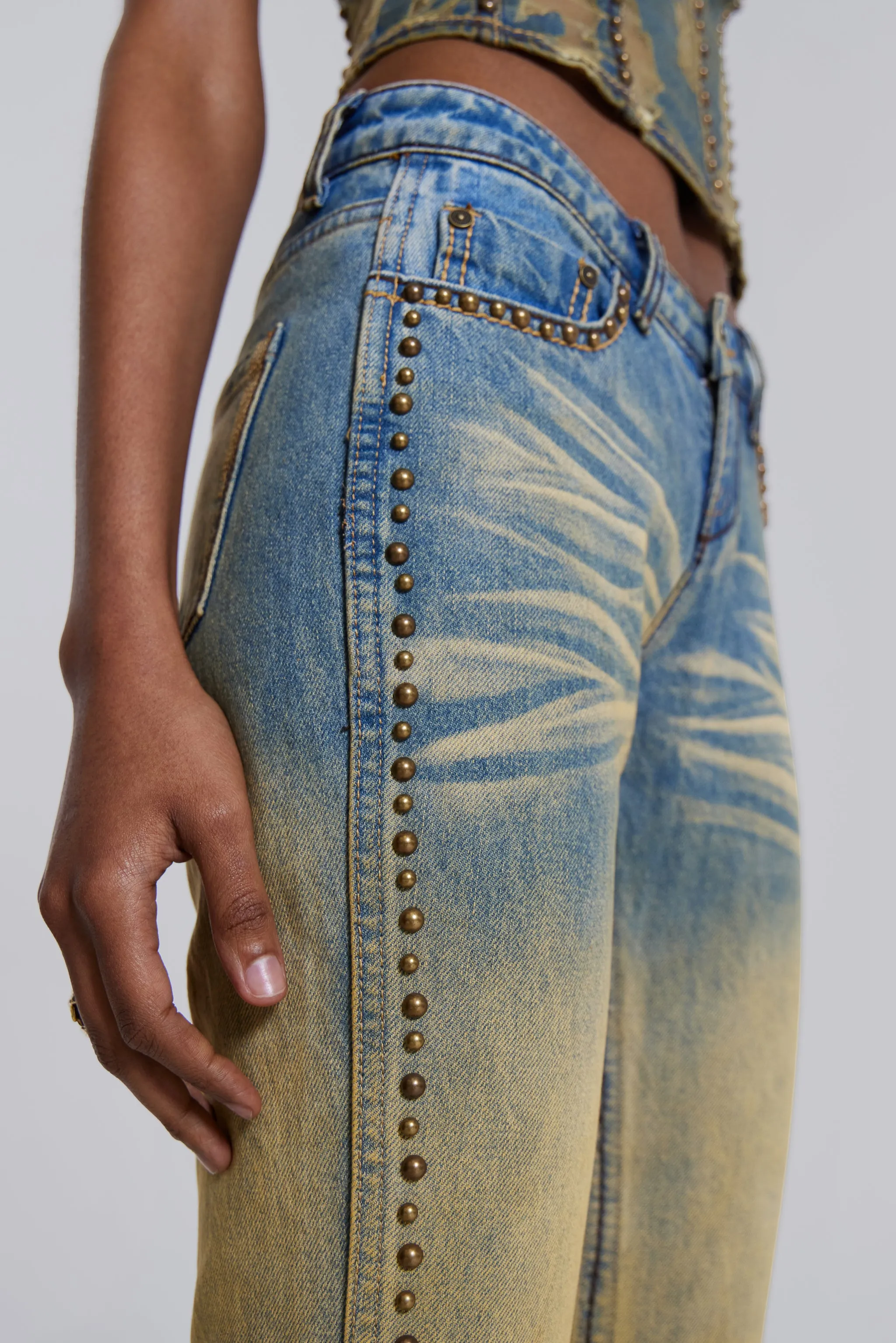 Stylish Demure Studded Flared Jeans with Enhanced Design