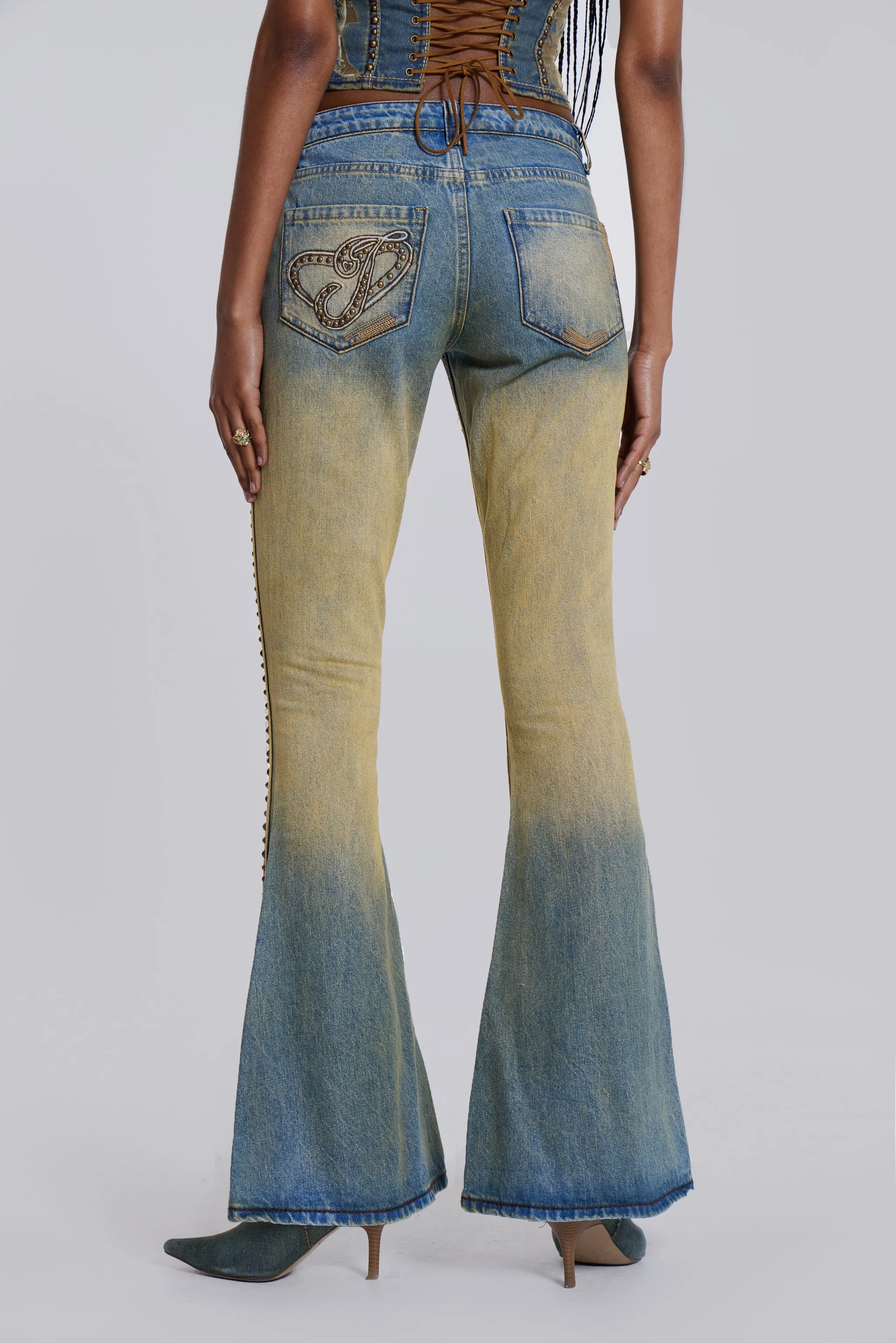 Stylish Demure Studded Flared Jeans with Enhanced Design