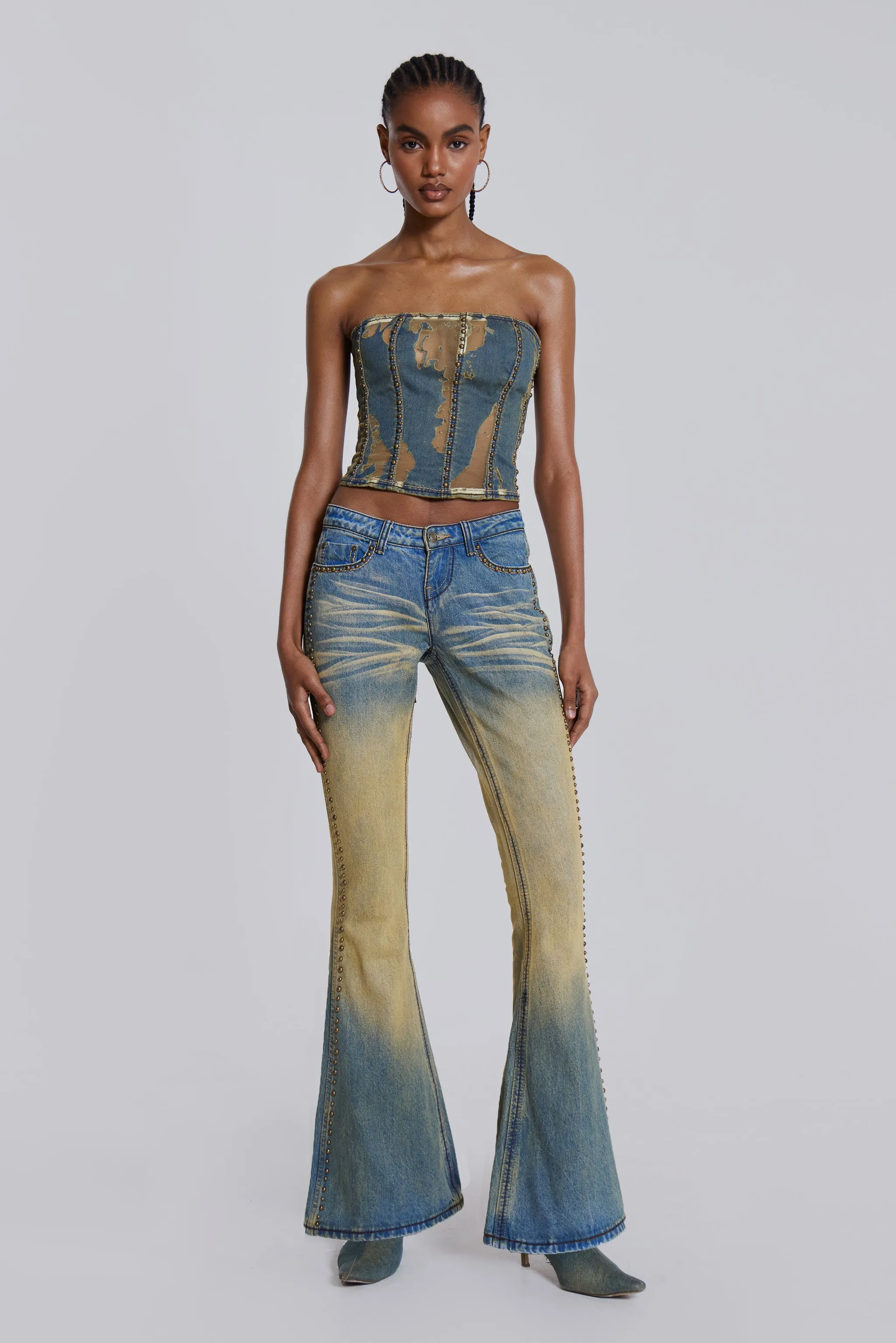 Stylish Demure Studded Flared Jeans with Enhanced Design