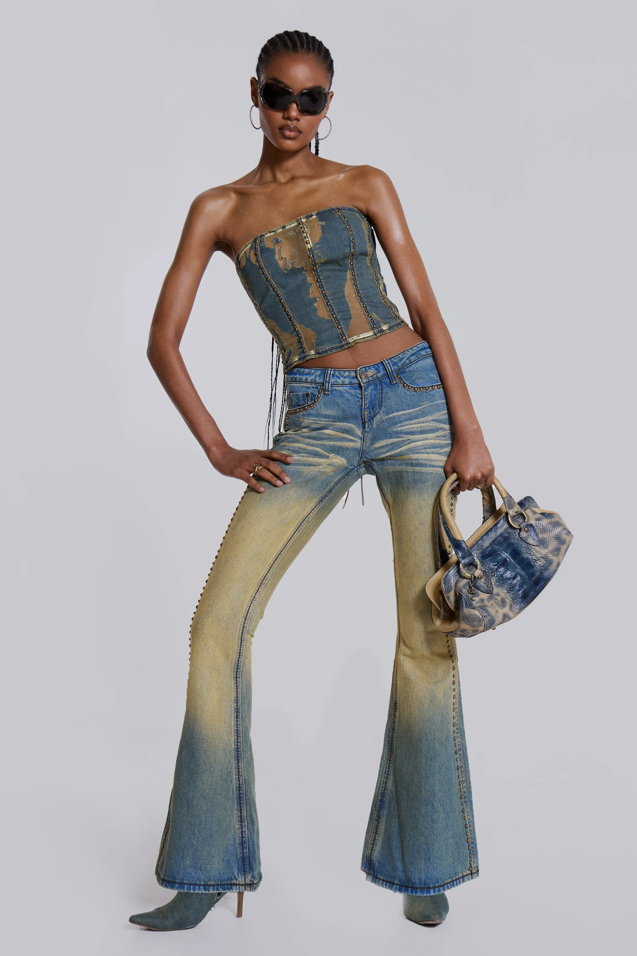 Stylish Demure Studded Flared Jeans with Enhanced Design